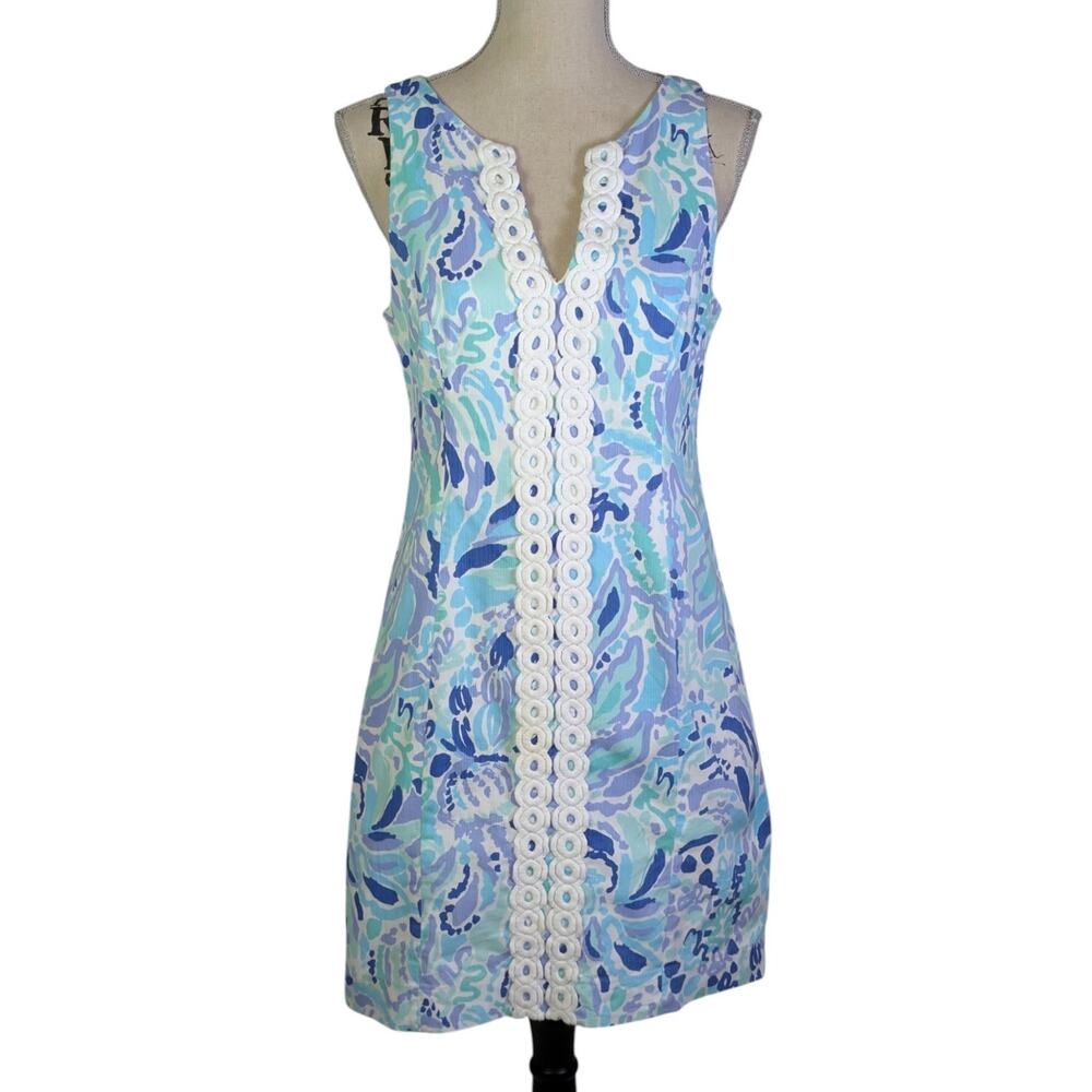 Lilly Pulitzer Blue Aqua Sea Print Shift Dress Lace Trim Cotton Size 6